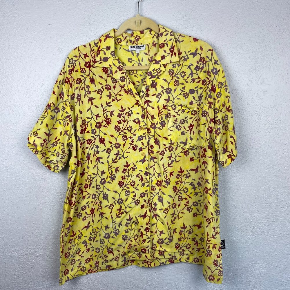 Mad Gringo Women's Yellow Floral Short Sleeve Button Up Camp Shirt Size M